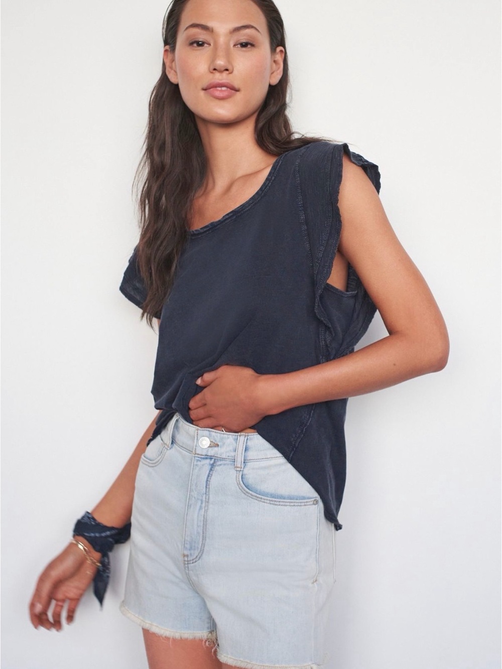 Daily Practice by Anthropologie Flutter-Sleeve Tee in Navy, large
